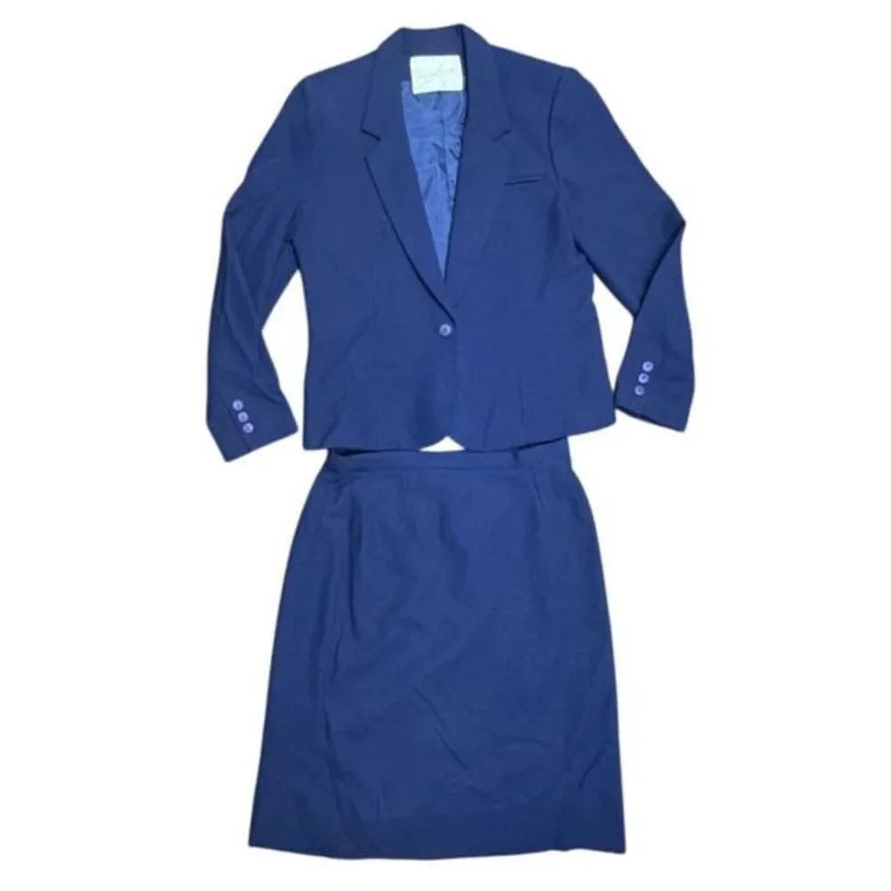 Birnbaum's Navy Blue‎ Professional Skirt Suit Blazer Set Business Office Wear
